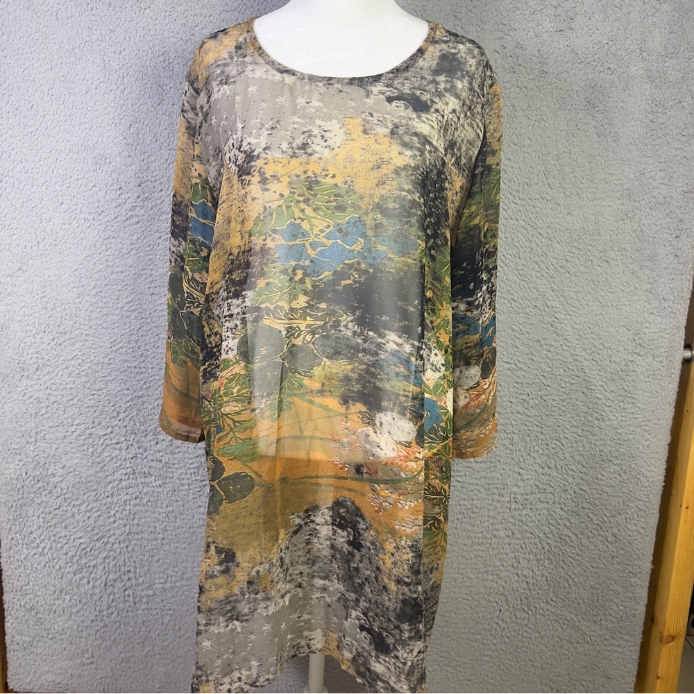 Bryn Walker Tunic Top Womens Medium Multicolor Abstract Watrecolor Semi Sheer